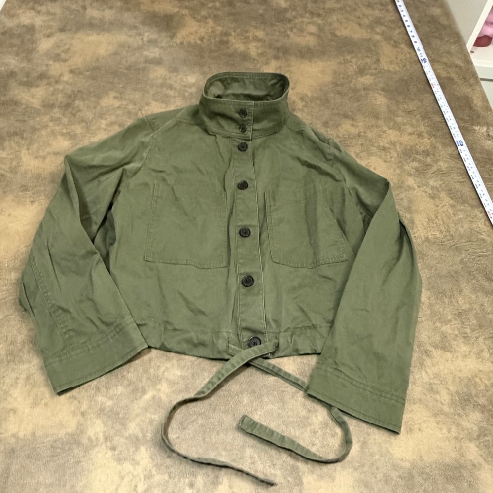 Banana Republic Utility Jacket Womens Large Green Vegan Twill Button Tie Waist